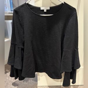 ERI +ALI Anthropologie Bell Sleeve Tiered Blouse Top M Black